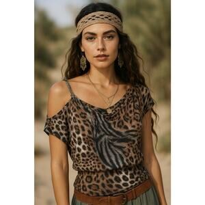 POETRY Vintage 90s Y2K Leopard Print Off Shoulder Beaded Glam Blouse Size Small